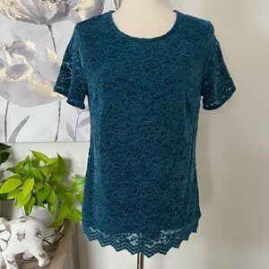 Teal Lace Top Scalloped Hem Romantic Boho Feminine Short Sleeve Womens Medium